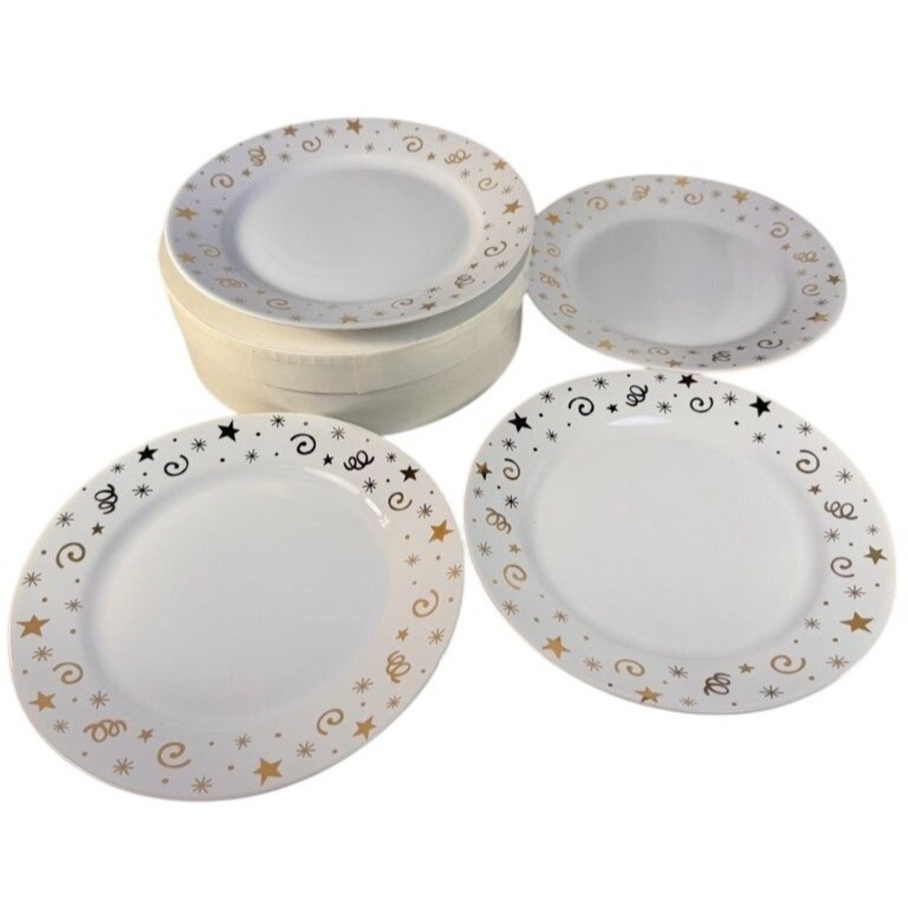 Pampered Chef Celebration Plates Set of 4 –‎ Stars & Swirls Gold Black 8"
